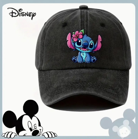 🧢 Disney Stitch & Lilo Adjustable Baseball Cap – Black Denim Hat with Vibrant Cartoon Print