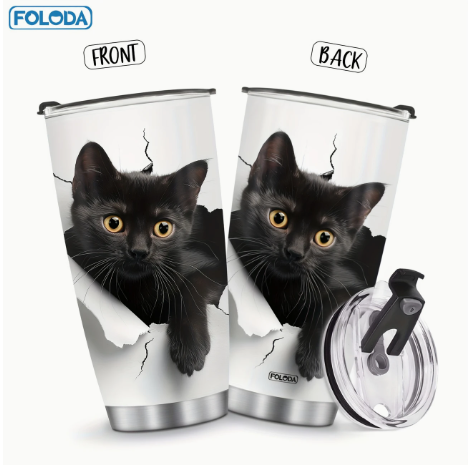 20oz Insulated Stainless Steel Black Cat Tumbler – Cute & Funny Coffee Mug Gift for Cat Lovers