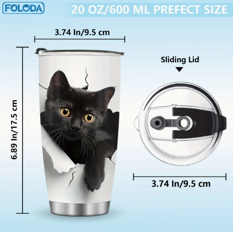 20oz Insulated Stainless Steel Black Cat Tumbler – Cute & Funny Coffee Mug Gift for Cat Lovers