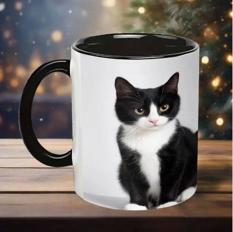 Black & White Cat Ceramic Coffee Mug – 11oz Tuxedo Kitten Print Cup | Gift for Cat Lovers, Office & Holiday Use