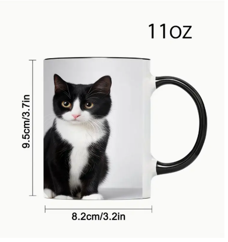 Black & White Cat Ceramic Coffee Mug – 11oz Tuxedo Kitten Print Cup | Gift for Cat Lovers, Office & Holiday Use