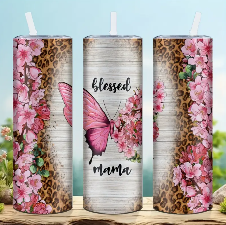Blessed Mama 40oz Stainless Steel Tumbler – Leopard Floral Butterfly Design, Lid & Straw Included