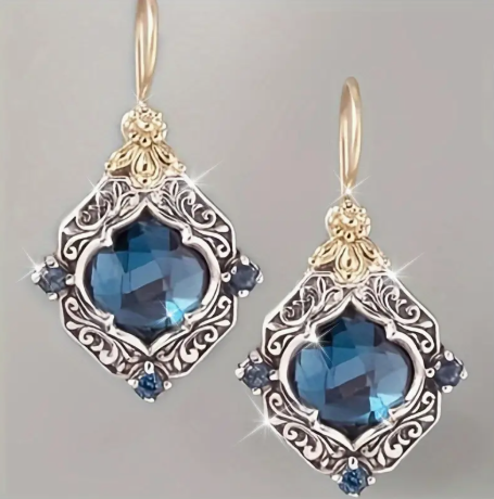 Exquisite Blue Rhombus Antique Gemstone Dangle Earrings - Vintage Inspired, Hypoallergenic & Nickel-Free Statement Jewelry