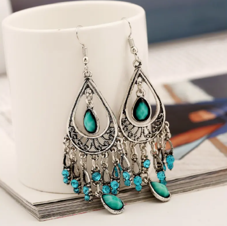 Bohemian Turquoise Tassel Drop Earrings – Vintage Teardrop Design with Blue Crystal Accents, Lightweight Statement Jewelry