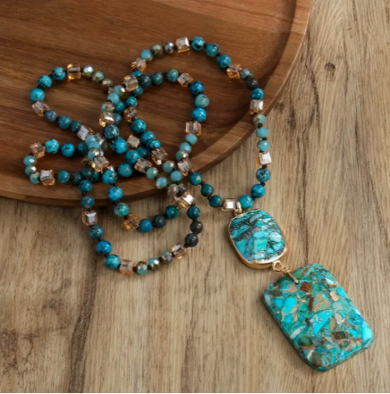 Boho Turquoise Stone Pendant Necklace – Hand-Knotted Beaded Strand with Natural Gemstones & Glass Accents