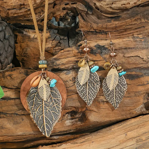 Antique Coppertone Leaf Earrings Set