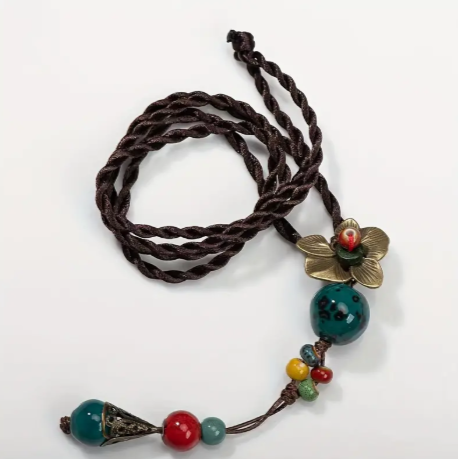 Boho-Chic Hand/Ceramic Bead Necklace – Multi-Layer Floral Pendant on Braided Cord | Vintage Ethnic Style