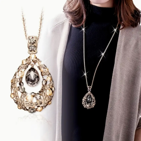 Elegant Bohemian Crystal Pendant Necklace – Long Titanium Steel Teardrop Charm for Everyday Glam