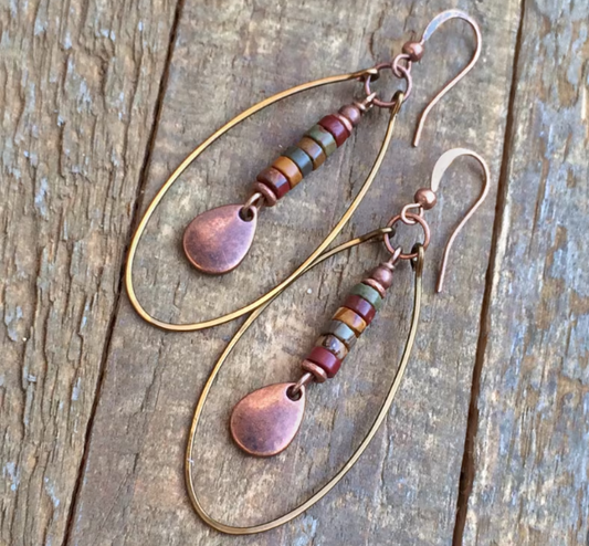 Dangle Teardrop Boho Copper Hoop Earrings, with Red Creek Jasper Stones