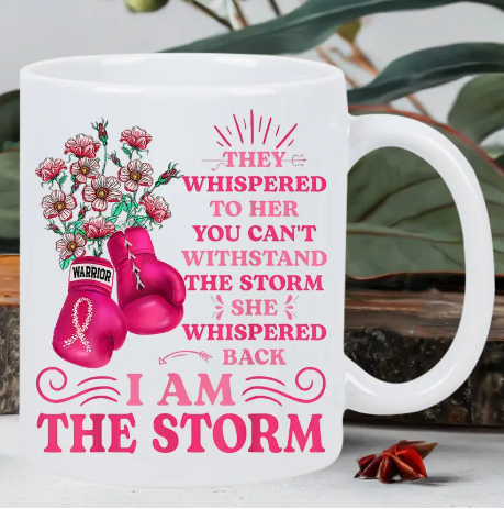 "I Am The Storm" Breast Cancer Awareness Mug – Inspirational Ceramic Coffee Cup, Pink Boxing Gloves, Warrior Quote, Dishwasher & Microwave Safe