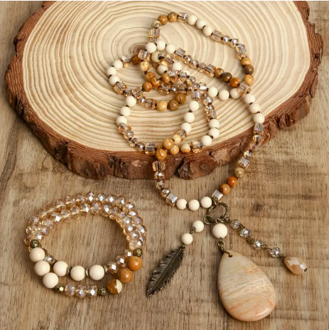 Bohemian Chrysanthemum Stone Jewelry Set – Knotted Pendant Necklace & 2pcs Stackable Beaded Bracelets | Natural Stone & Glass Beads