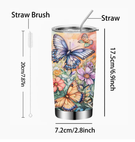 Butterfly Floral 20oz Insulated Tumbler – Stainless Steel Travel Mug with Lid, Straw & Cleaning Brush | Double-Wall Vacuum Cup