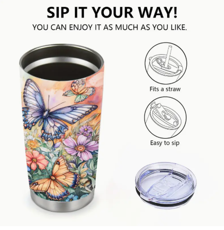 Butterfly Floral 20oz Insulated Tumbler – Stainless Steel Travel Mug with Lid, Straw & Cleaning Brush | Double-Wall Vacuum Cup
