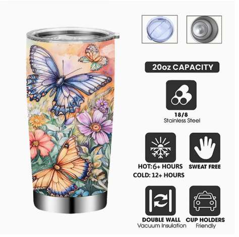 Butterfly Floral 20oz Insulated Tumbler – Stainless Steel Travel Mug with Lid, Straw & Cleaning Brush | Double-Wall Vacuum Cup