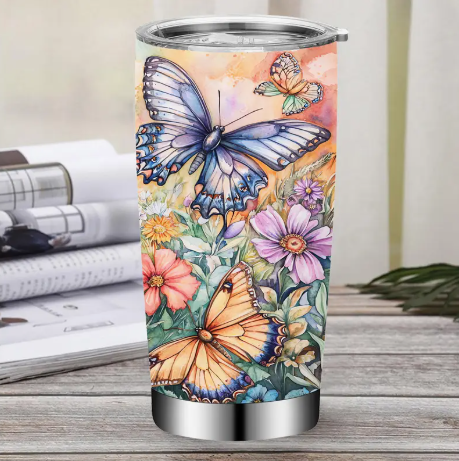 Butterfly Floral 20oz Insulated Tumbler – Stainless Steel Travel Mug with Lid, Straw & Cleaning Brush | Double-Wall Vacuum Cup