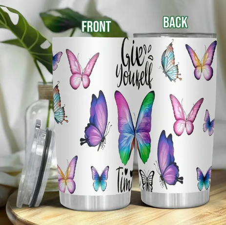 20oz Stainless Steel Tumbler with Colorful Butterfly Design