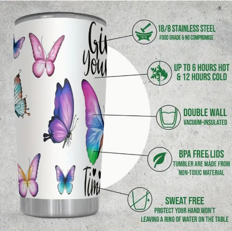 20oz Stainless Steel Tumbler with Colorful Butterfly Design