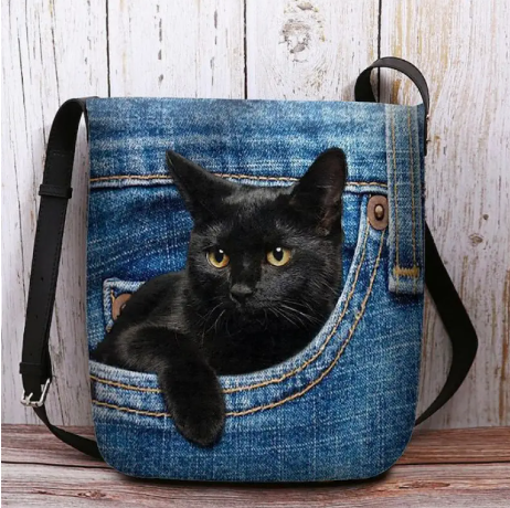 Black Cat in Denim Crossbody Bag – Lightweight Shoulder Purse with Magnetic Closure