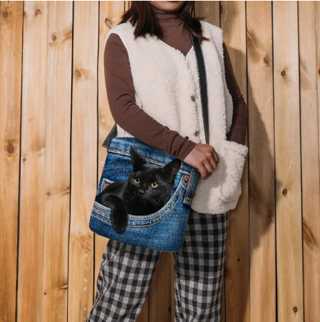 Black Cat in Denim Crossbody Bag – Lightweight Shoulder Purse with Magnetic Closure