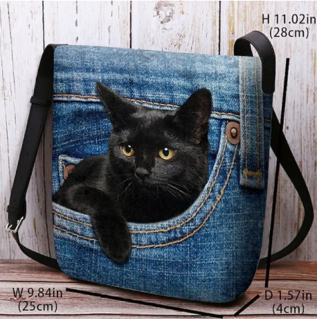 Black Cat in Denim Crossbody Bag – Lightweight Shoulder Purse with Magnetic Closure