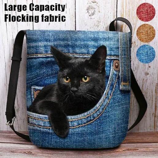 Black Cat in Denim Crossbody Bag – Lightweight Shoulder Purse with Magnetic Closure