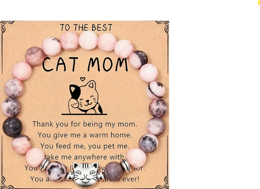 8mm Pink Texture Cat  Mom Stone Beads Chain Bracelet