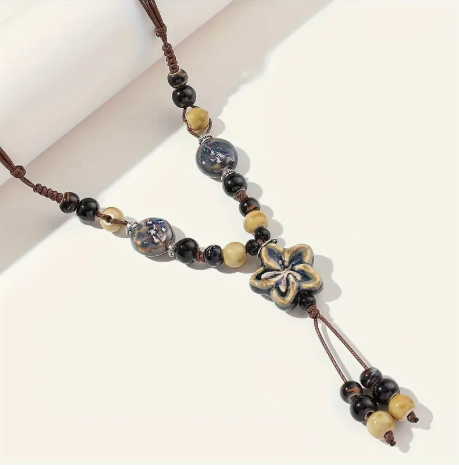 🪷 Bohemian Ceramic Beaded Necklace – Adjustable Ethnic Floral Pendant Jewelry