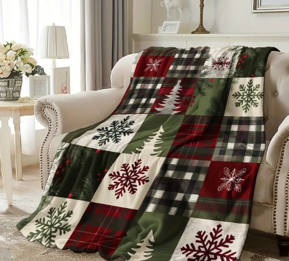 Cozy Christmas Blanket with Vintage Red Buffalo Check & Snowflake Design