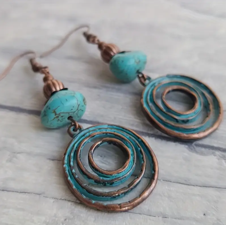 Bohemian Turquoise Copper Drop Earrings – Lightweight Geometric Circle Dangles for Everyday Boho Style