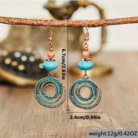 Bohemian Turquoise Copper Drop Earrings – Lightweight Geometric Circle Dangles for Everyday Boho Style