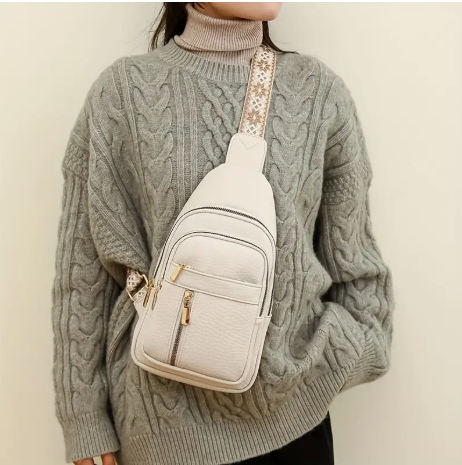 Vintage-Inspired Crossbody Chest Bag – Adjustable Strap, Zippered Pockets | Neutral Cream with Boho Accent Strap