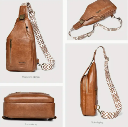Women's Vegan Leather Small Crossbody Sling Bag – Brown Travel Bag with Striped Strap, Zipper Closure, Phone Pocket & Earphone Port