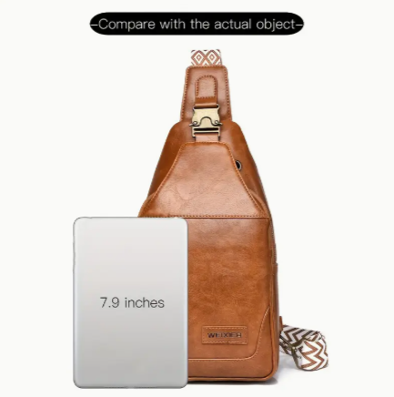 Women's Vegan Leather Small Crossbody Sling Bag – Brown Travel Bag with Striped Strap, Zipper Closure, Phone Pocket & Earphone Port