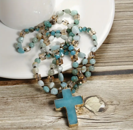 Natural Stone & Blue Glass Cross Necklace