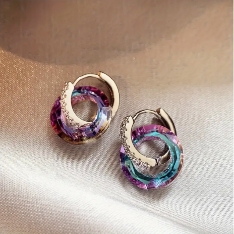 🪩 Colorful Crystal Hoop Earrings – Iridescent Round Design with Pavé Accents