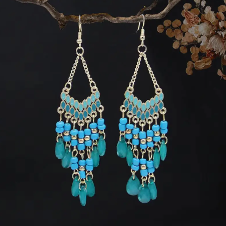 Bohemian Beaded Tassel Dangle Earrings – Long Vintage Statement Jewelry with Ethnic Vibes