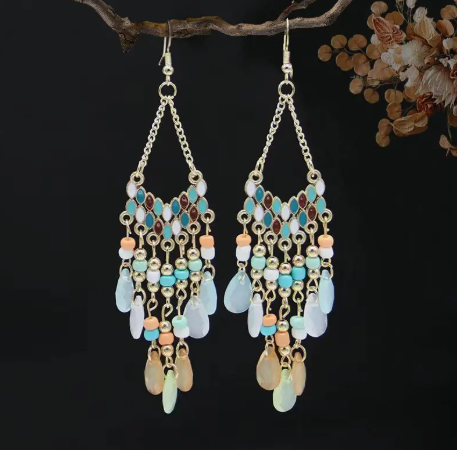 Bohemian Beaded Tassel Dangle Earrings – Long Vintage Statement Jewelry with Ethnic Vibes