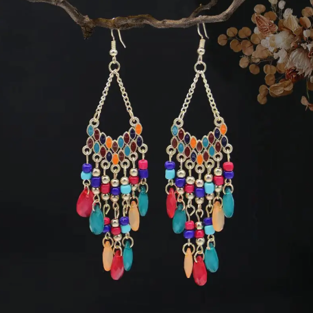 Bohemian Beaded Tassel Dangle Earrings – Long Vintage Statement Jewelry with Ethnic Vibes