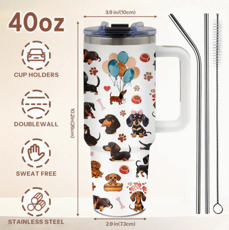 Dachshund 40oz Stainless Steel Tumbler with Handle – Perfect Gift for Dog Lovers