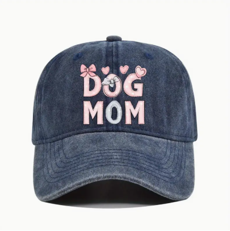 Dog Mom Vintage Washed Baseball Cap – Adjustable Denim Blue Hat with Embroidered Lettering & Hearts, Lightweight Cotton for All Seasons
