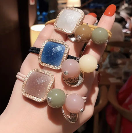 3pc Elegant Double-Layer Acrylic Hair Ties with Gemstone Accents – Chic Color-Block Design for Stylish Updos & Ponytails