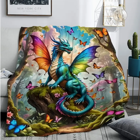 Rainbow Dragon & Butterfly Fantasy Flannel Throw Blanket | Soft Cozy 50x60in Blanket with Lush Forest & Magical Design