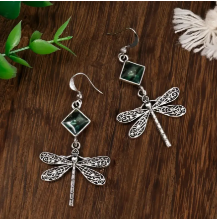 Boho Dragonfly Dangle Earrings – Vintage Carved Zinc Alloy with Abalone Shell Inlay
