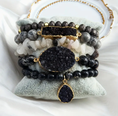 Artisan Crafted Druzy & Natural Stone Stack Bracelet - Black