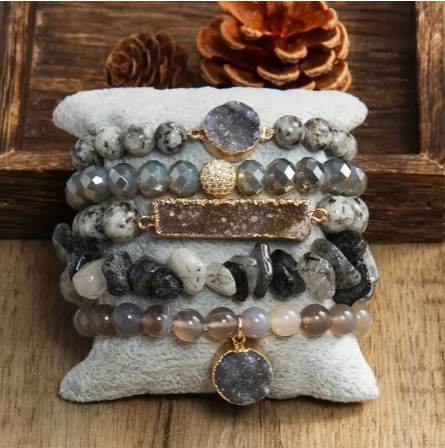 Artisan Crafted Druzy & Natural Stone Stack Bracelet - Grey