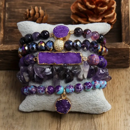 Artisan Crafted Druzy & Natural Stone Stack Bracelet - Purple
