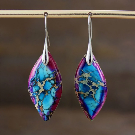 Vintage Boho Teardrop Turquoise Earrings – Marbled Blue & Purple Stone Dangles with Silver-Tone Hooks