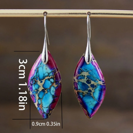 Vintage Boho Teardrop Turquoise Earrings – Marbled Blue & Purple Stone Dangles with Silver-Tone Hooks