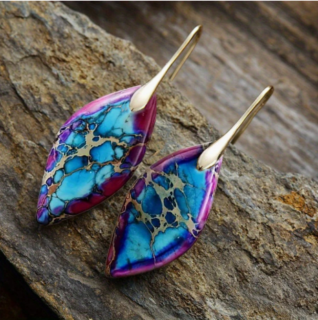 Vintage Boho Teardrop Turquoise Earrings – Marbled Blue & Purple Stone Dangles with Silver-Tone Hooks