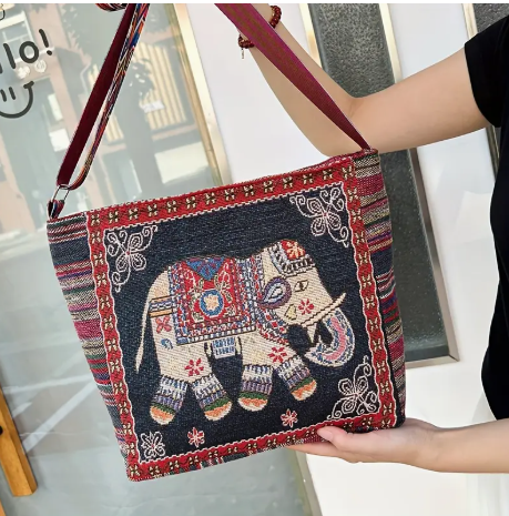 Embroidered Elephant Crossbody Bag – Boho Tribal Style with Adjustable Strap